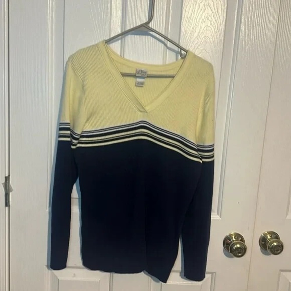 Just My Size Womens 18/20W V-Neck Ribbed Cotton Sweater Navy Yellow Striped